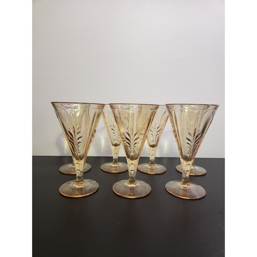 STUNNING HTF VINTAGE SET OF 7 FOSTORIA GLASS BAROQUE TOPAZ WATER GOBLETS
